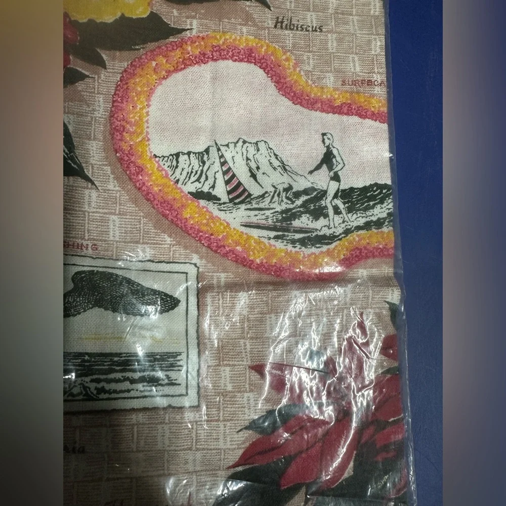 Flowers Of Hawaii Cotton Hand-Printed Decorative Towel Hula Girl Surfer Sealed